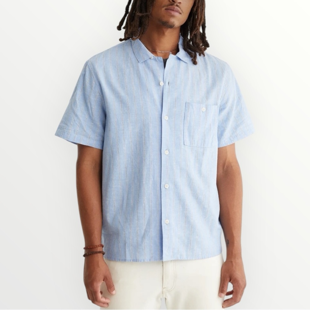 Lucky Brand Men’s Short Sleeve Button-Down Shirt – Blue Stripe